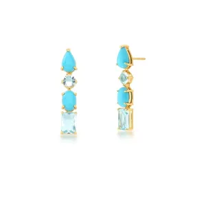 Brinco Longo Formas Geométricas Pedras Turquesas E Cristais