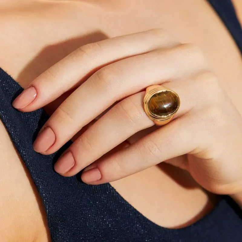 Anel Grande Pedra Olho De Tigre Oval