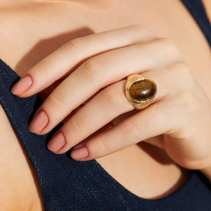 Anel Grande Pedra Olho De Tigre Oval