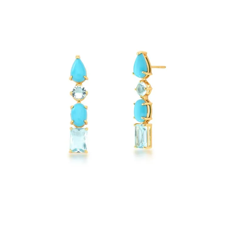 Brinco Longo Formas Geométricas Pedras Turquesas E Cristais